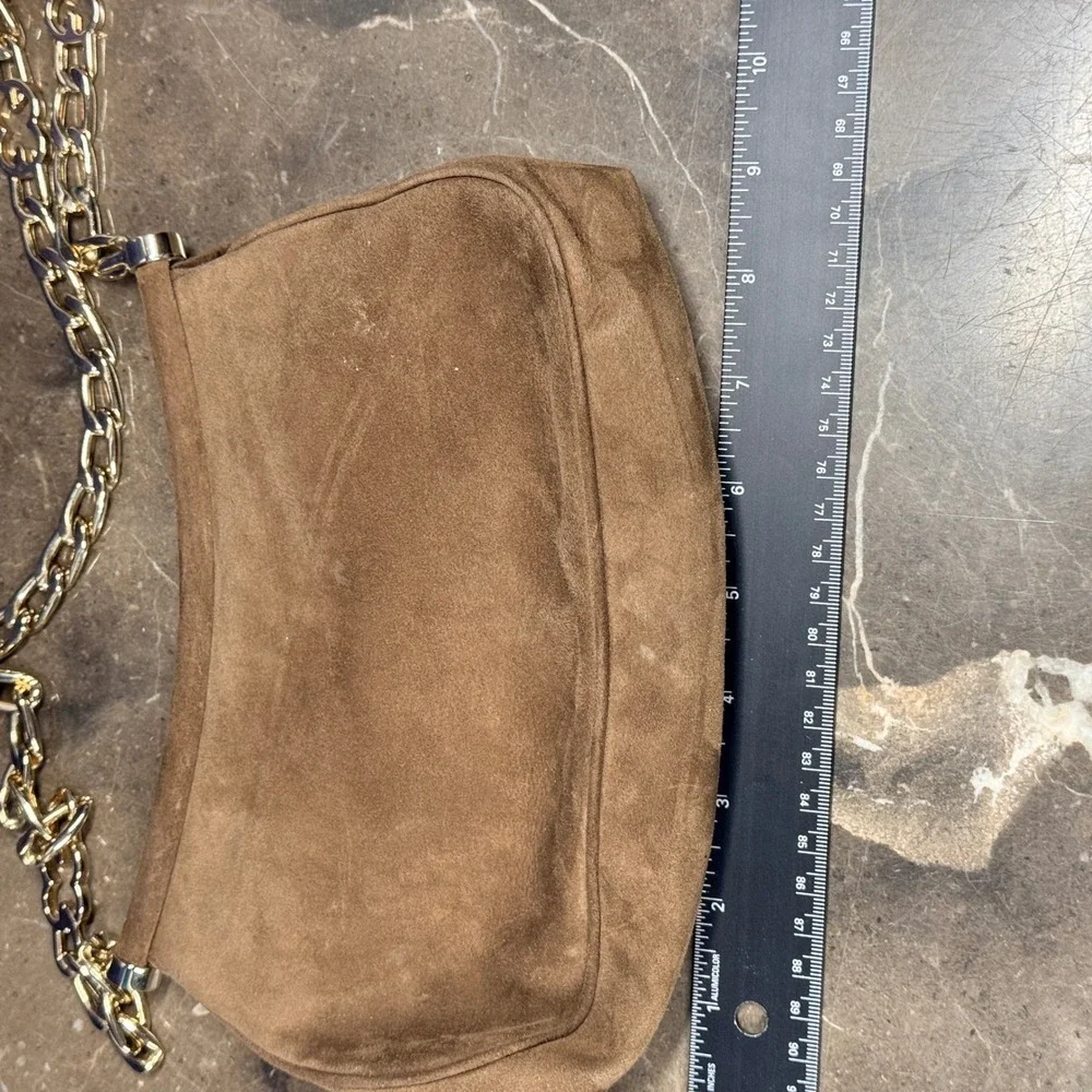 Escada Suede Shoulder Bag Womens Small Brown Gold Chain Strap Made in Italy